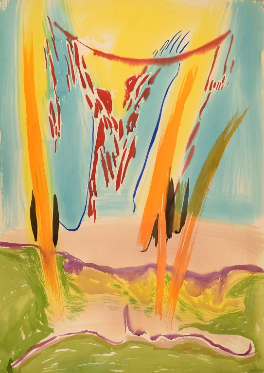Ivy Lysdal, b 1937. Danish ceramist and painter. Gouache on cardboard. Abstract modernist painting. Colorful palette. Late 20th century.