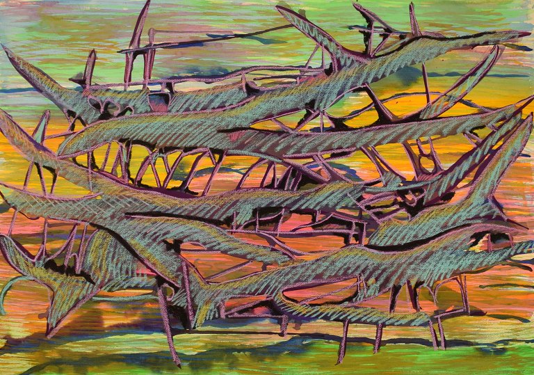 Ivy Lysdal, f 1937. Dansk keramiker og kunstmaler. Gouache og oliekridt på karton. Abstrakt modernistisk maleri. Koloristisk palette. Dateret 1991.