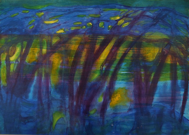 Ivy Lysdal, f 1937. Dansk keramiker og kunstmaler. Gouache på karton. Abstrakt modernistisk maleri. Koloristisk palette. Sent 1900-tallet.