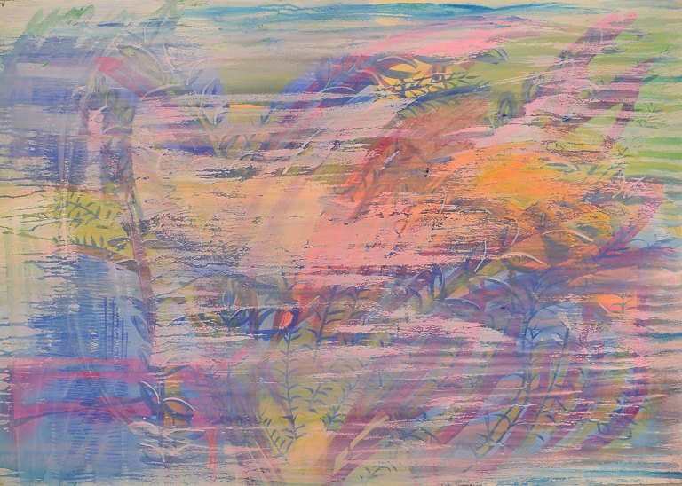 Ivy Lysdal, f 1937. Dansk keramiker og kunstmaler. Gouache og oliekridt på karton. Abstrakt modernistisk maleri. Koloristisk palette. Dateret 1989.