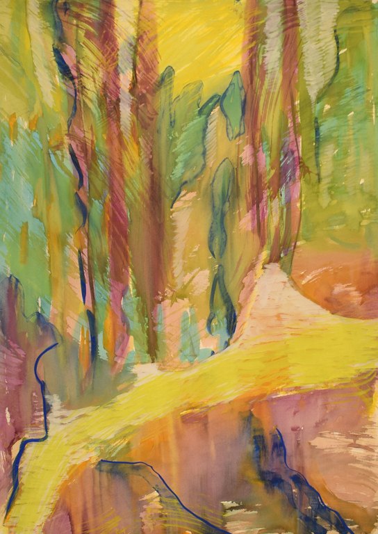 Ivy Lysdal, f 1937. Dansk keramiker og kunstmaler. Gouache på karton. Abstrakt modernistisk maleri. Koloristisk palette. Sent 1900-tallet.