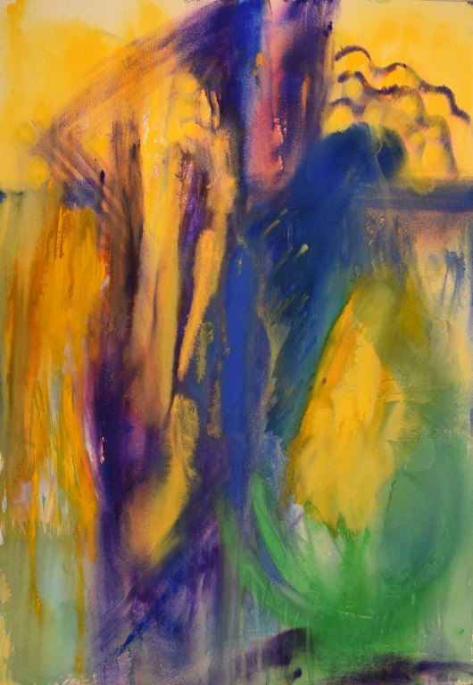 Ivy Lysdal, f 1937. Dansk keramiker og kunstmaler. Gouache på karton. Abstrakt modernistisk maleri. Koloristisk palette. Sent 1900-tallet.