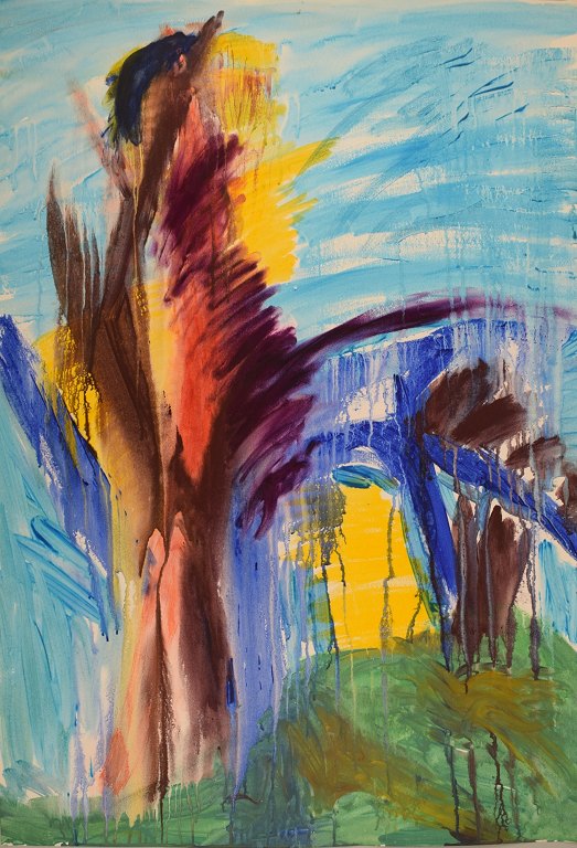 Ivy Lysdal, b 1937. Danish ceramist and painter. Gouache on cardboard. Abstract modernist painting. Colorful palette. Late 20th century.