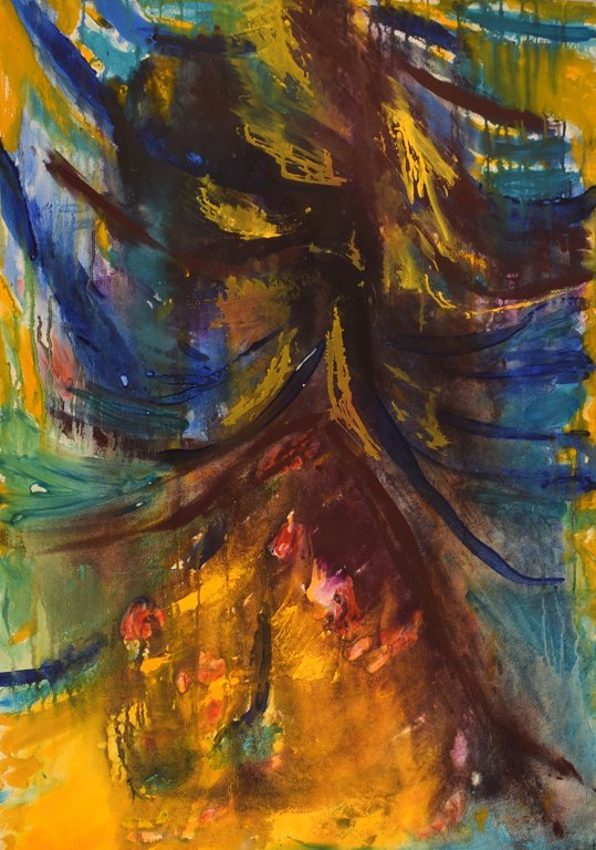 Ivy Lysdal, f 1937. Dansk keramiker og kunstmaler. Gouache på karton. Abstrakt modernistisk maleri. Koloristisk palette. Sent 1900-tallet.