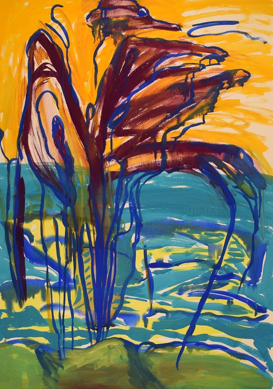 Ivy Lysdal, b 1937. Danish ceramist and painter. Gouache on cardboard. Abstract modernist painting. Colorful palette. Late 20th century.