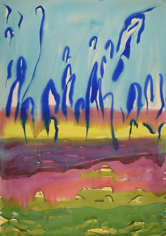 Ivy Lysdal, f 1937. Dansk keramiker og kunstmaler. Gouache på karton. Abstrakt modernistisk maleri. Koloristisk palette. Sent 1900-tallet.