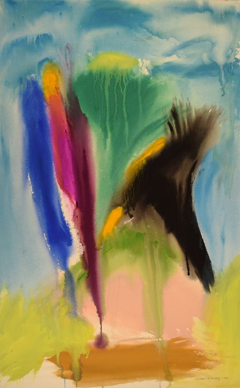 Ivy Lysdal, f 1937. Dansk keramiker og kunstmaler. Gouache på karton. Abstrakt modernistisk maleri. Koloristisk palette. Dateret 1992.