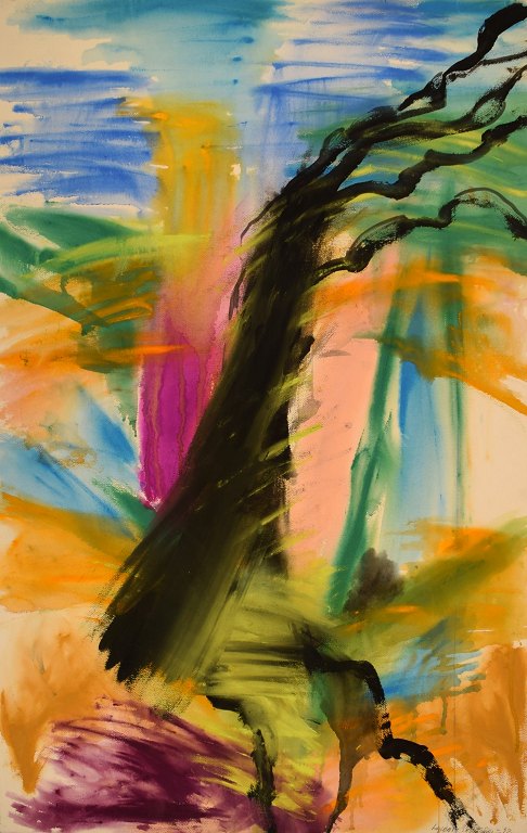 Ivy Lysdal, f 1937. Dansk keramiker og kunstmaler. Gouache på karton. Abstrakt modernistisk maleri. Koloristisk palette. Dateret 1992.