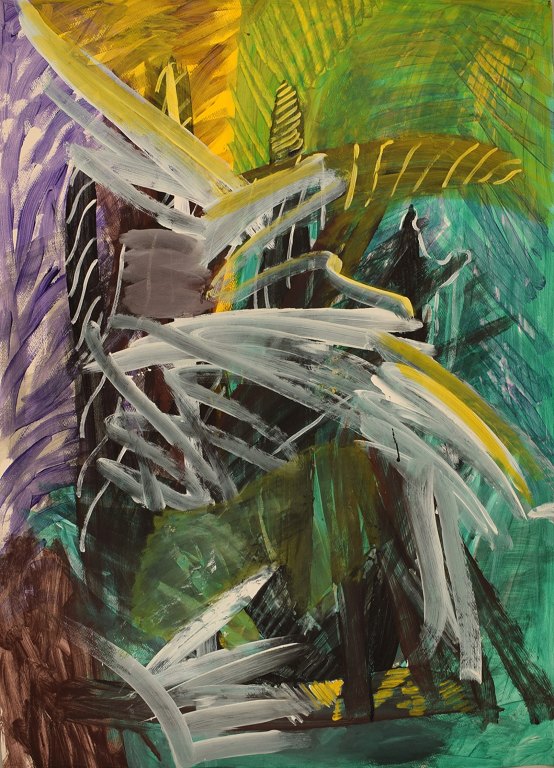 Ivy Lysdal, f 1937. Dansk keramiker og kunstmaler. Gouache på karton. Abstrakt modernistisk maleri. Koloristisk palette. Sent 1900-tallet.