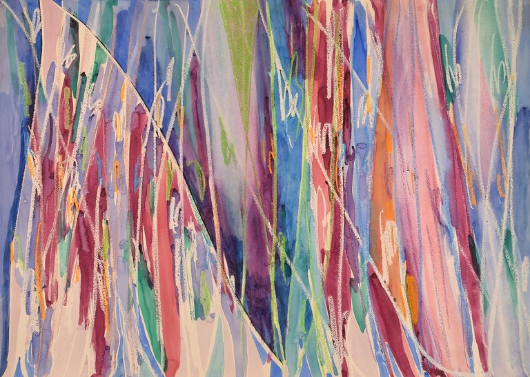 Ivy Lysdal, b 1937. Danish ceramist and painter. Gouache on cardboard. Abstract modernist painting. Colorful palette. Late 20th century.