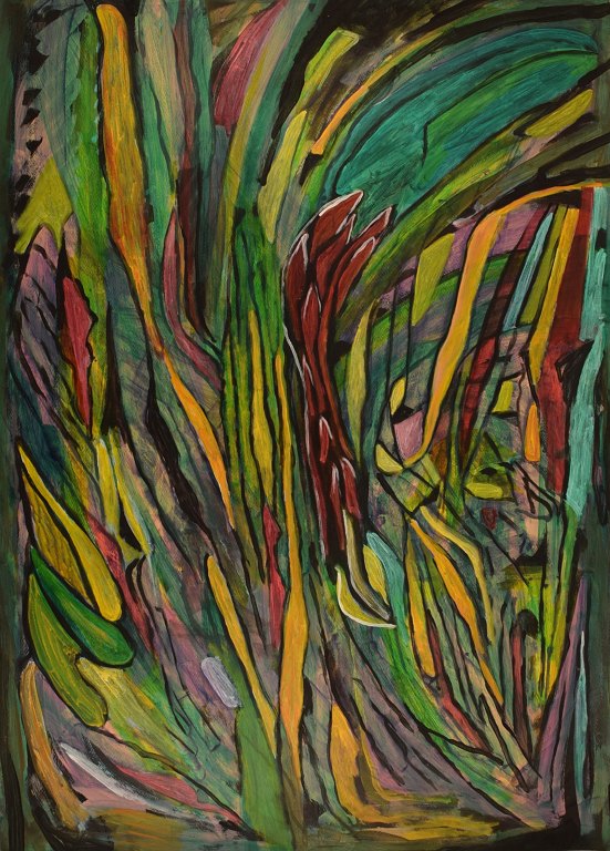 Ivy Lysdal, f 1937. Dansk keramiker og kunstmaler. Gouache på karton. Abstrakt modernistisk maleri. Koloristisk palette. Sent 1900-tallet.