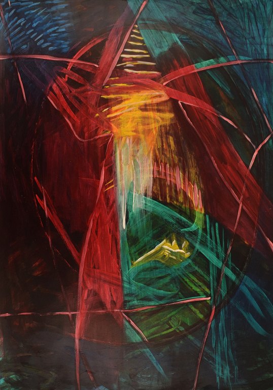 Ivy Lysdal, f 1937. Dansk keramiker og kunstmaler. Gouache på karton. Abstrakt modernistisk maleri. Koloristisk palette. Sent 1900-tallet.