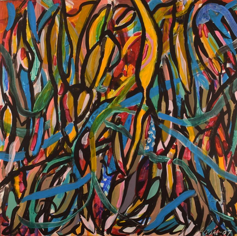 Ivy Lysdal, b 1937. Danish ceramist and painter. Acrylic on canvas. Abstract modernist painting. Colorful palette. Dated 2007.