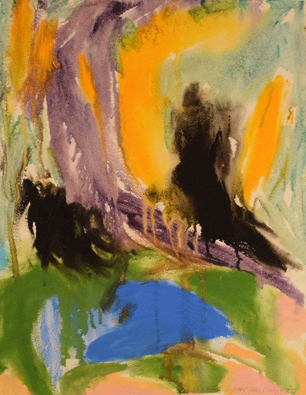 Ivy Lysdal, f 1937. Dansk keramiker og kunstmaler. Gouache på papir. Abstrakt modernistisk maleri. Koloristisk palette. Dateret 1992.