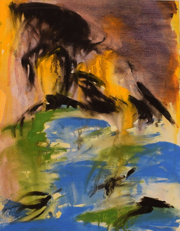 Ivy Lysdal, f 1937. Dansk keramiker og kunstmaler. Gouache på papir. Abstrakt modernistisk maleri. Koloristisk palette. Dateret 1992.