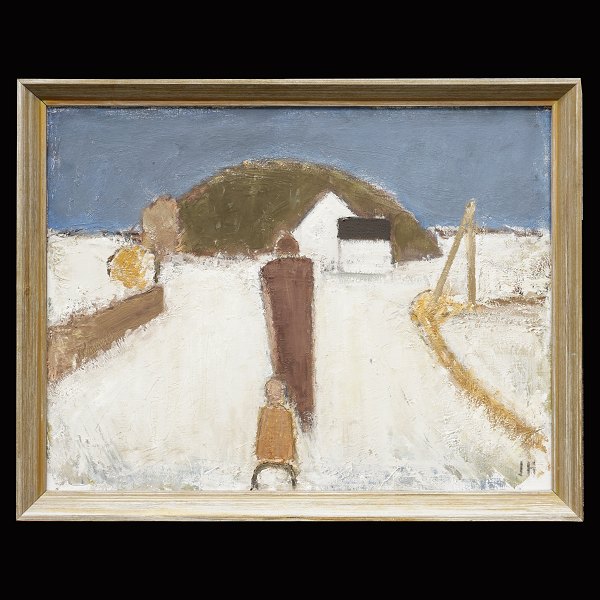 Johannes Hoffmeister maleri. Johannes Hoffmeister, 1914-90, olie på lærred. Personer i landskab. Signeret. Lysmål: 50x64cm. Med ramme: 56x70cm