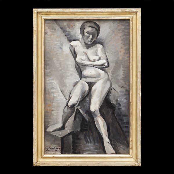 William Scharff maleri. William Scharff, 1886-1959, olie på pap monteret på lærred. Kubistisk inspireret  motiv med nøgen kvinde. Signeret og dateret Paris 1921. Lysmål: 62x37cm. Med ramme: 72x47cm