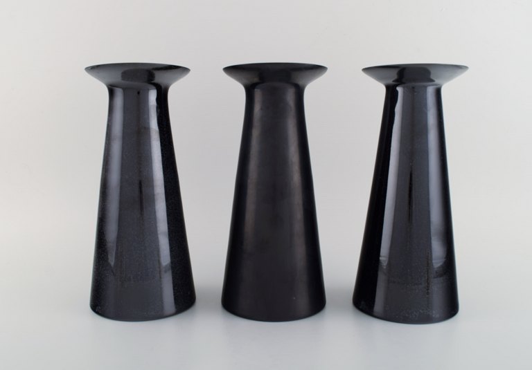 Stölzle-Oberglas, Austria. Three Beatrice and Nora vases in black art glass. White interior. 1980s.