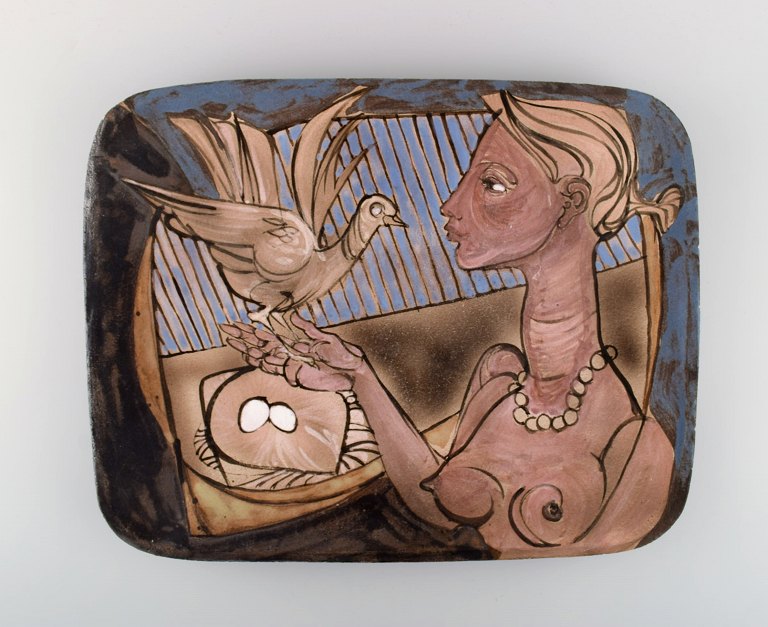 Achiel Pauwels (b. 1932), Belgium. Unique dish in glazed hand-painted ceramics. Naked woman and dove. Dated 1974.