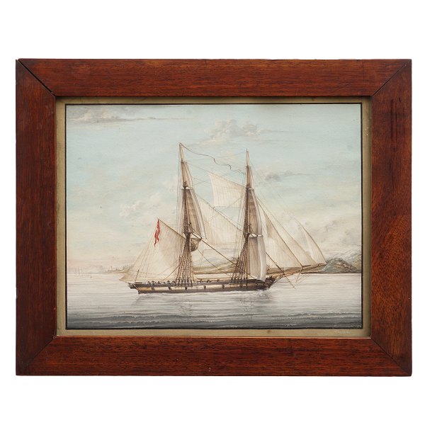 A small ship painting, watercolor. Signed "Petersen" circa 1860. Visible size: 19x24cm. With frame: 25x30cm