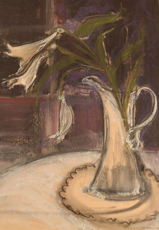Kerstin Jönsson (1931-2000), Sverige. Pastel på papir. "Liljer i kande". Dateret 1975. 