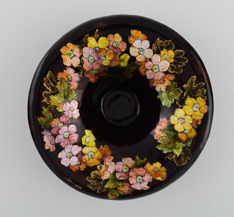 Camille Fauré for Limoges, France. Art nouveau bronze bowl in enamel work with flowers. Approx. 1910