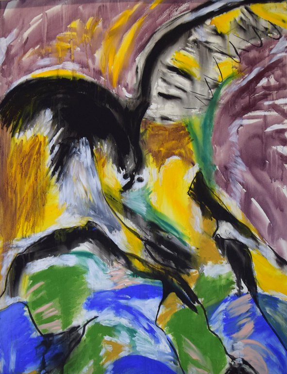 Ivy Lysdal, b 1937. Danish ceramist and painter. Mixed media on cardboard. Large abstract modernist painting. Colorful palette. Late 20th century.