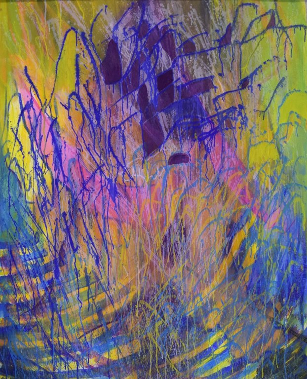 Ivy Lysdal, b 1937. Danish ceramist and painter. Mixed media on cardboard. Large abstract modernist painting. Colorful palette. Late 20th century.