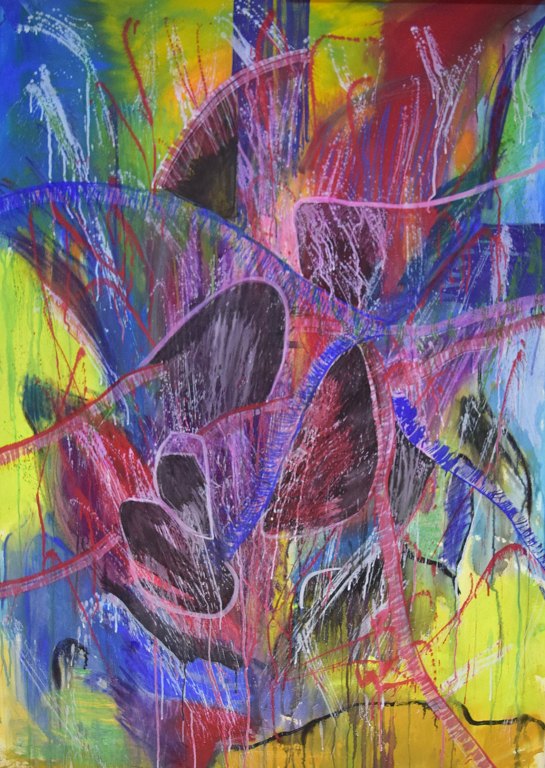 Ivy Lysdal, b 1937. Danish ceramist and painter. Mixed media on cardboard. Large abstract modernist painting. Colorful palette. Late 20th century.