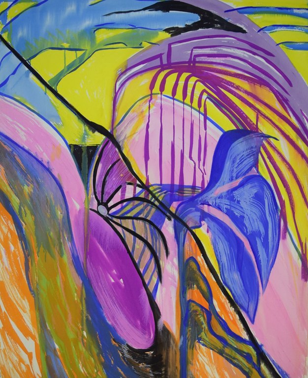 Ivy Lysdal, f 1937. Dansk keramiker og kunstmaler. Mixed media på karton. Stort abstrakt modernistisk maleri. Koloristisk palette. Sent 1900-tallet.