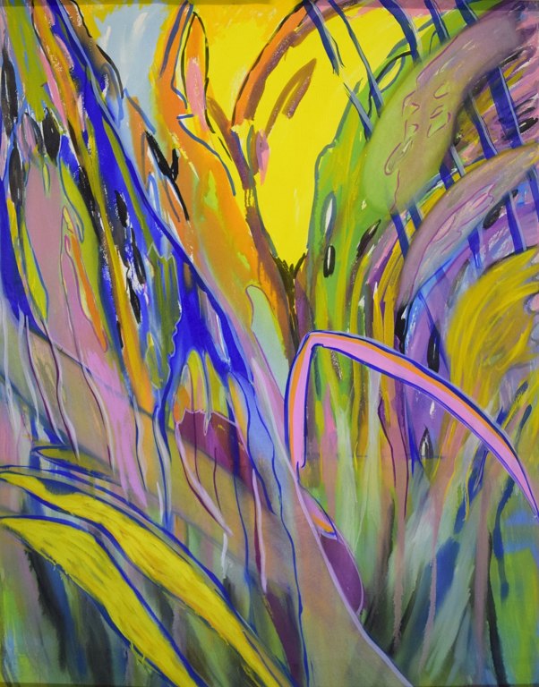 Ivy Lysdal, b 1937. Danish ceramist and painter. Mixed media on cardboard. Large abstract modernist painting. Colorful palette. Late 20th century.