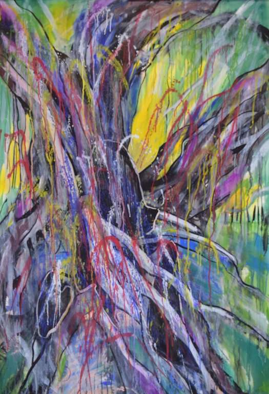 Ivy Lysdal, b 1937. Danish ceramist and painter. Mixed media on cardboard. Large abstract modernist painting. Colorful palette. Late 20th century.