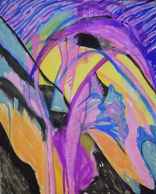 Ivy Lysdal, b 1937. Danish ceramist and painter. Mixed media on cardboard. Large abstract modernist painting. Colorful palette. Late 20th century.