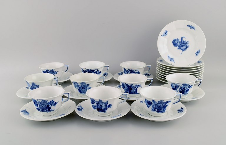 Royal Copenhagen Blue Flower Angular. Ten coffee cups with saucers and ten plates. Model number 10/8608 and 10/8553.
