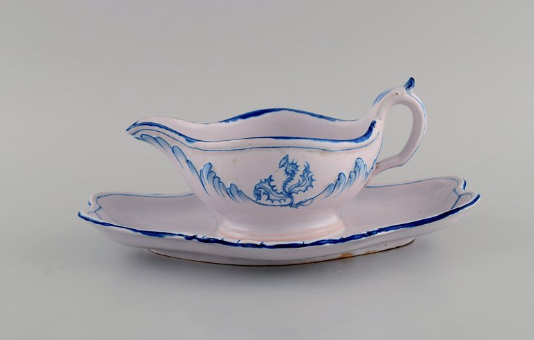 Emile Gallé for St. Clement, Nancy. Antique sauce boat in hand-painted faience. 1870 / 80s.