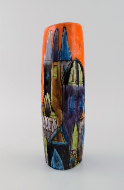 Elio Schiavon (1925-2004), Italy. Unique vase in glazed ceramics with hand-painted city motif. 1960s.