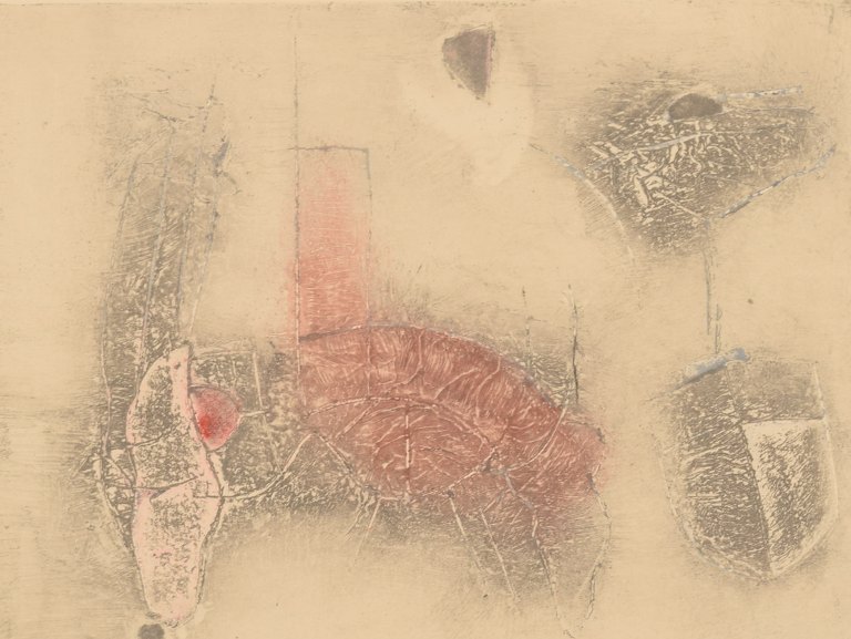 Selma Daffre (f. 1951), brasiliansk kunstner. Collografi på papir. "Linhas". 
Nummereret 4/9. Dateret 1997.
