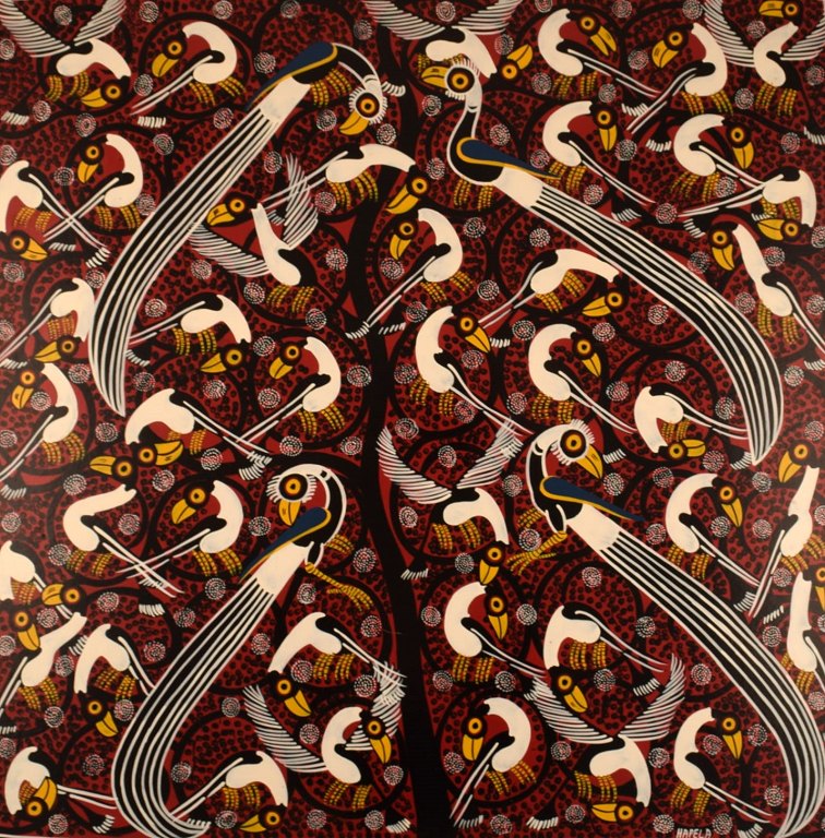Hapela. Tinga Tinga. Olie på lærred. Naivistisk komposition med giraffer og fugle. Sent 1900-tallet.