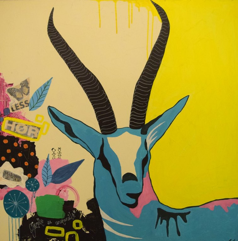 Mie Majgaard, dansk kunstner. Stort maleri. Mixed media på lærred. "Gazelle". Dateret 2013.