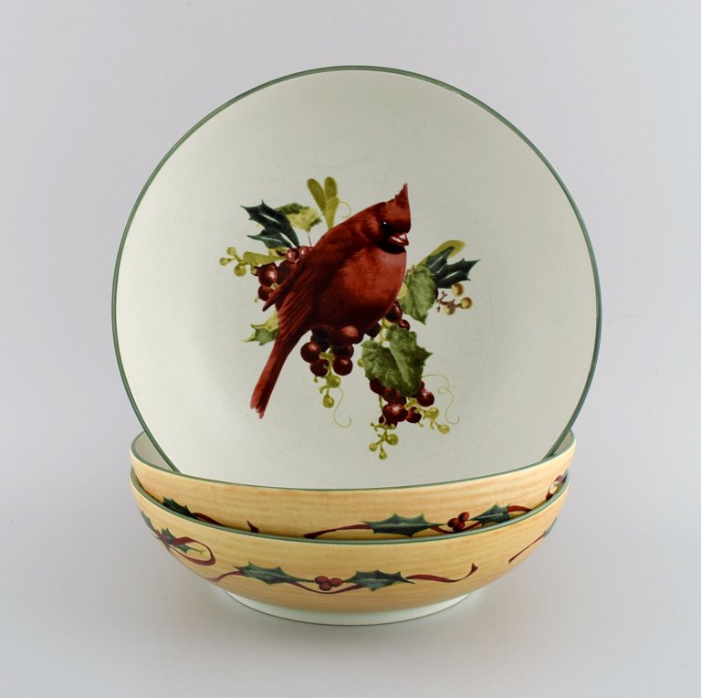 Catherine McClung for Lenox. "Winter greetings everyday". Three bowls / dishes in glazed stoneware decorated with mistletoe, birds and red ribbon. Approx. 2000.