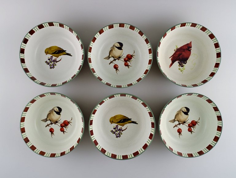 Catherine McClung for Lenox. "Winter greetings everyday". Six bowls in glazed stoneware decorated with mistletoe, birds and red ribbon. Approx. 2000.