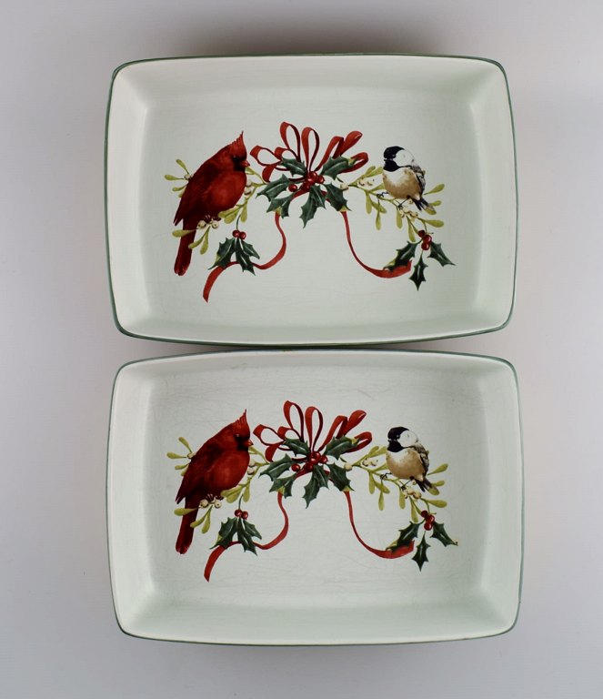 Catherine McClung for Lenox. "Winter greetings everyday". Two large dishes in glazed stoneware decorated with mistletoe and birds. Approx. 2000.