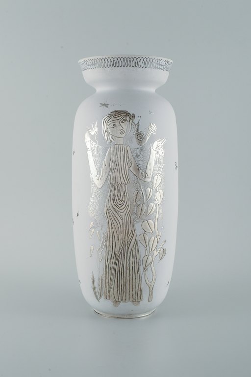 Stig Lindberg for Gustavsberg, Sweden. Large "Grazia" ceramic vase with silver inlay in the shape of a standing woman.