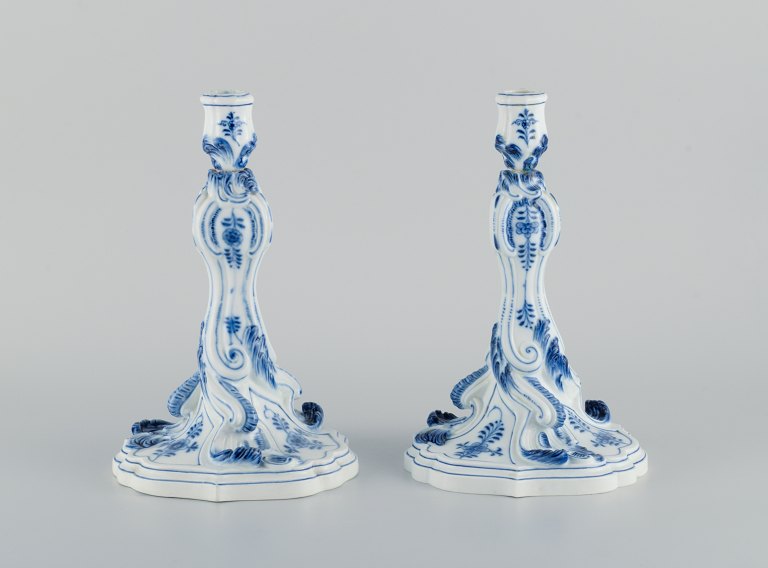 Meissen, Germany. A pair of large antique onion pattern candlesticks.19th century.