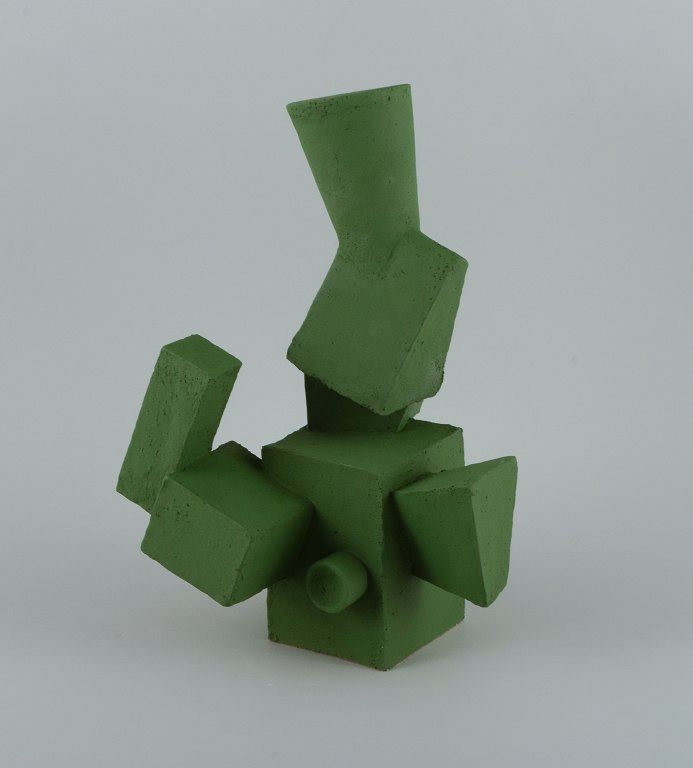 Christina Muff, Danish contemporary ceramicist (b. 1971).Unique cubist stoneware sculpture in matte grass green glaze.
