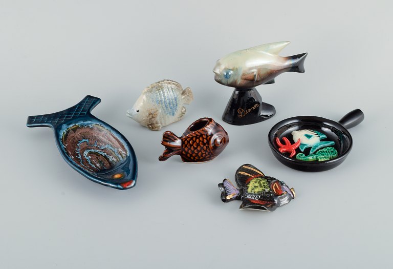 A collection of French ceramic fish.Figures, dish and small pan.France 1960/70s.