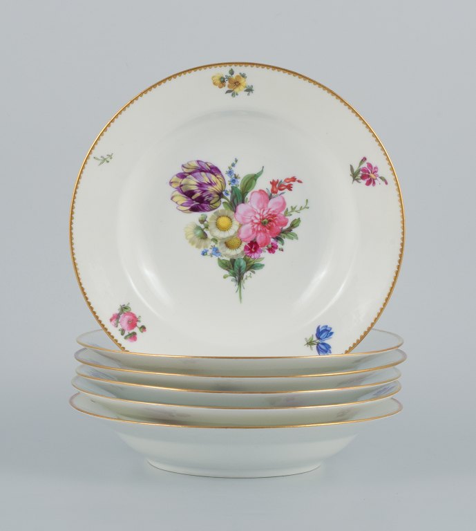 B&G, Bing & Grondahl Saxon flower.Six deep plates decorated with flowers and gold rim.