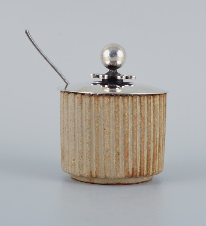 Arne Bang, jam jar with matching Cohr silver lid and Hans Hansen sterling silver spoon.