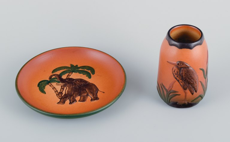 Ipsens Enke, ceramic vase and a ceramic dish.Malibu and elephant motif.