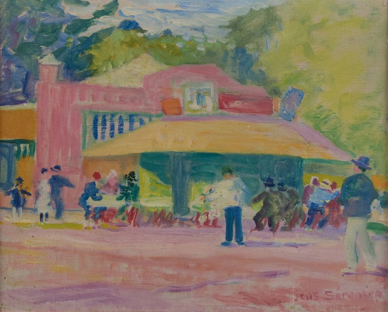 Jens Sørensen, olie på lærred påsat plade.Motiv fra Dyrehavsbakken i modernistisk stil.